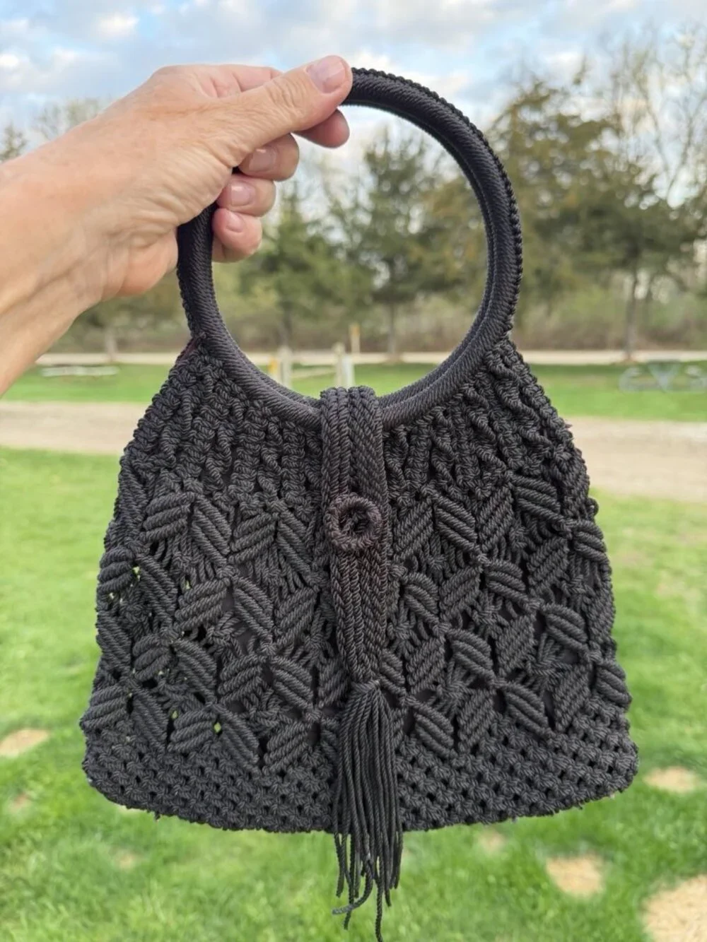 Vintage 70s black crochet top handle fringe bag festival indie retro